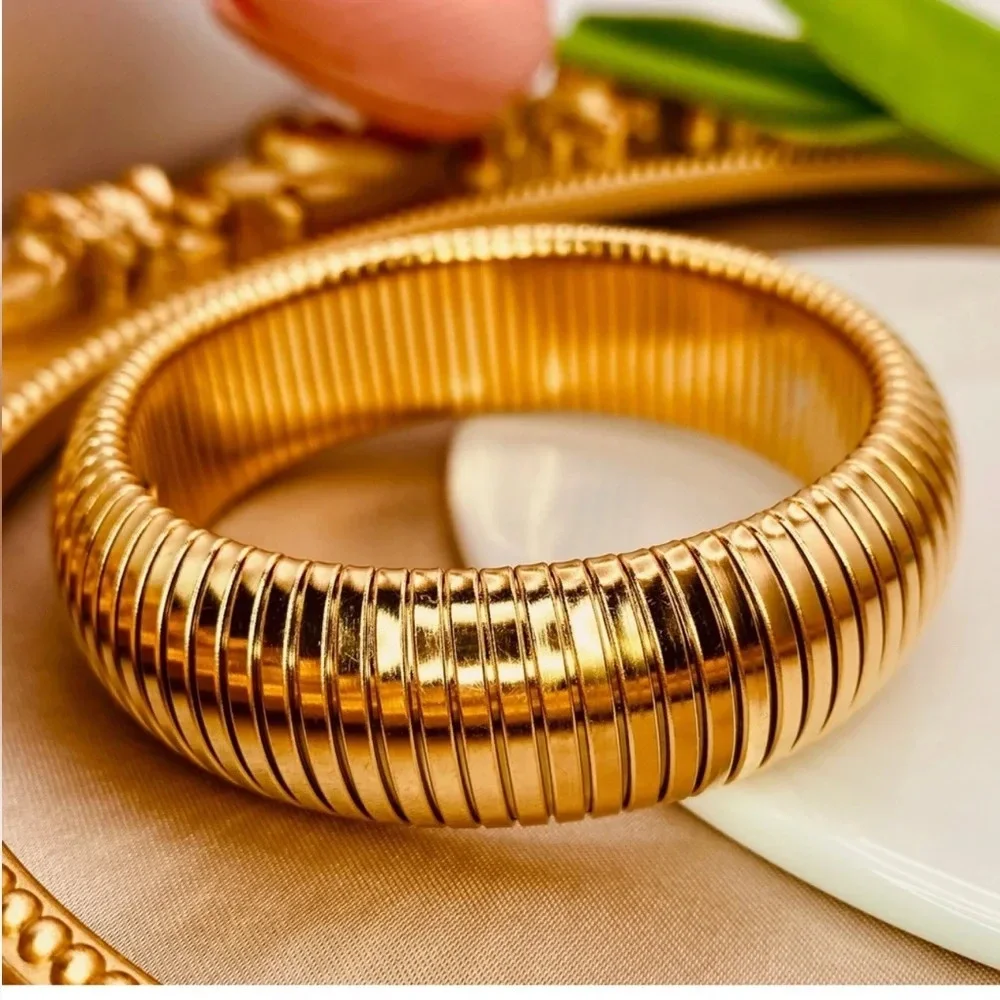 Modern Soft Stretch Wide Bangle Bracelet in Gold